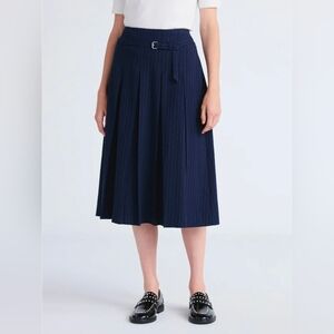 Free Assembly Women's Belted Pleated Navy Pinstripe Midi Skirt Sz 16 NWT!